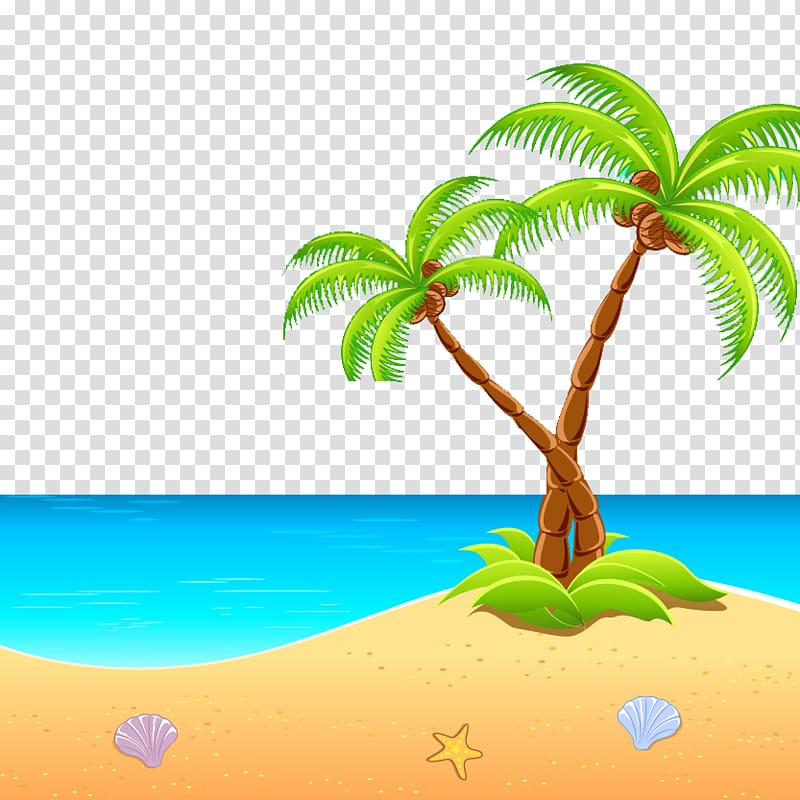 green palm tree illustration, Island , Seaside palm leaves material transparent background PNG clipart