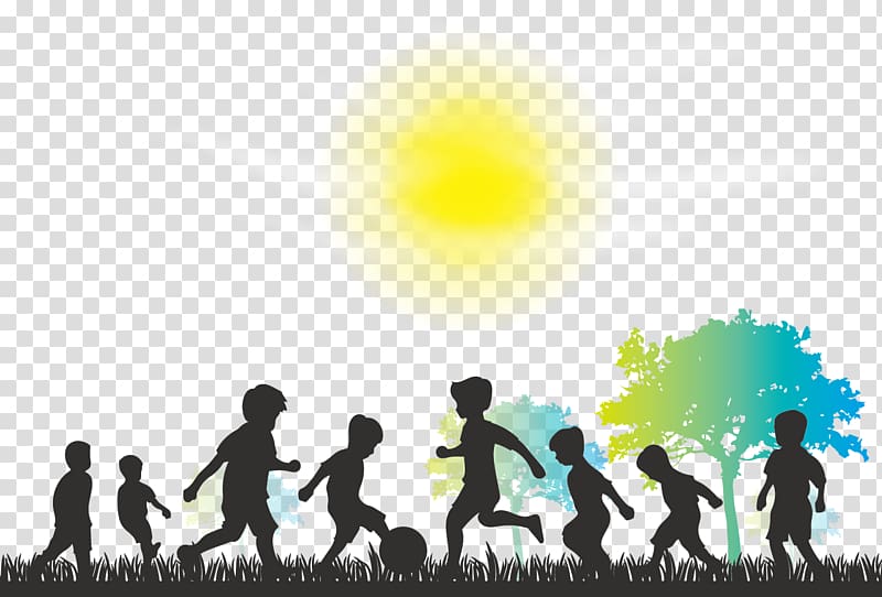 group of children playing under sun, Child Silhouette Play Illustration, happy childhood silhouette transparent background PNG clipart