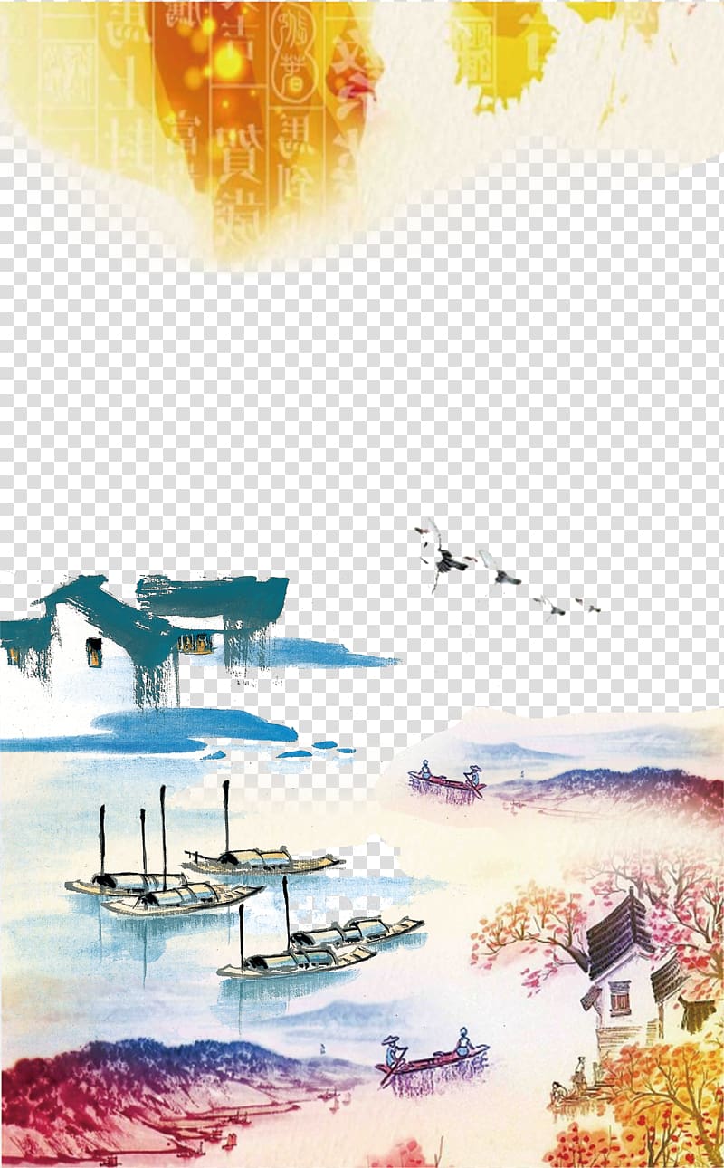 Ink wash painting Shan shui Chinoiserie Watercolor painting, Water Jiangnan River water scenery background transparent background PNG clipart