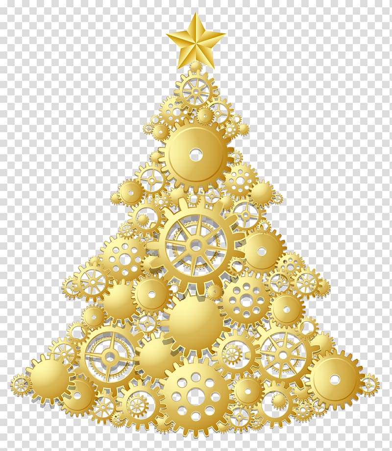 gear Christmas tree illustration, Christmas tree Christmas Day Christmas ornament , Gold Steampunk Christmas Tree transparent background PNG clipart