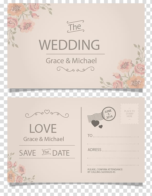 the wedding Grace and Michael invitation card, Wedding invitation Postcard Paper Greeting card, Vintage postcard style wedding invitation card transparent background PNG clipart
