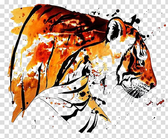 tiger illustration, Bengal tiger Watercolor painting Tattoo Drawing, tiger transparent background PNG clipart