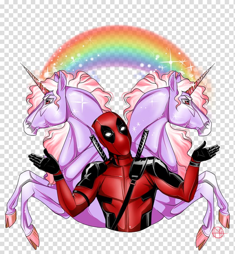 Deadpool with two unicorns illustration, Printed T-shirt Deadpool Sleeve, deadpool dog transparent background PNG clipart