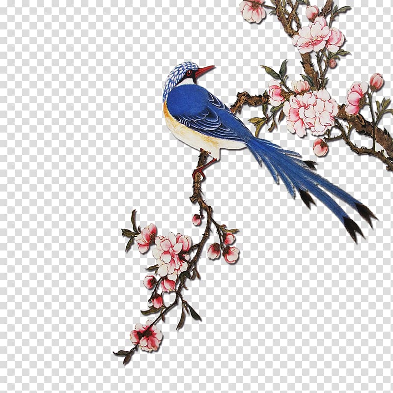 Flowering Peach Trees Bird Painting, Very happy transparent background PNG clipart