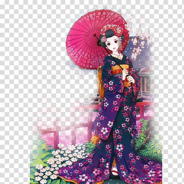Geisha Anime Manga Art, Japanese cherry blossoms scattered transparent background PNG clipart