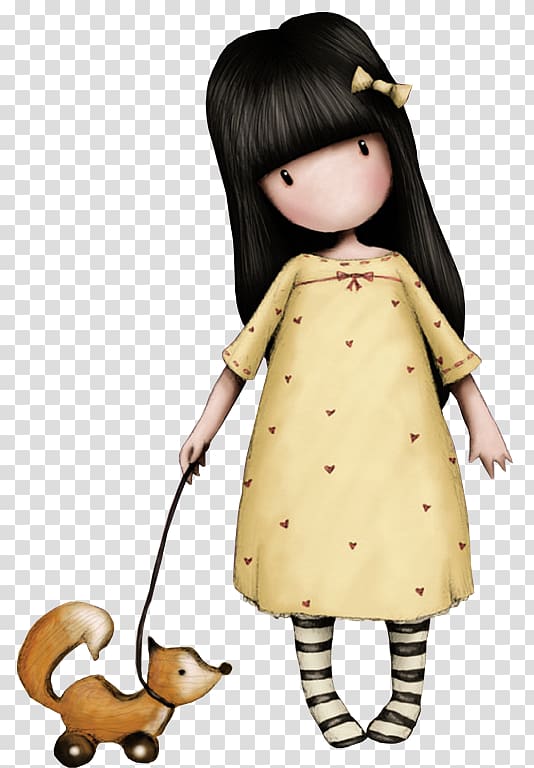 black haired girl holding fox toy illustration, Drawing Santoro London Doll, las transparent background PNG clipart