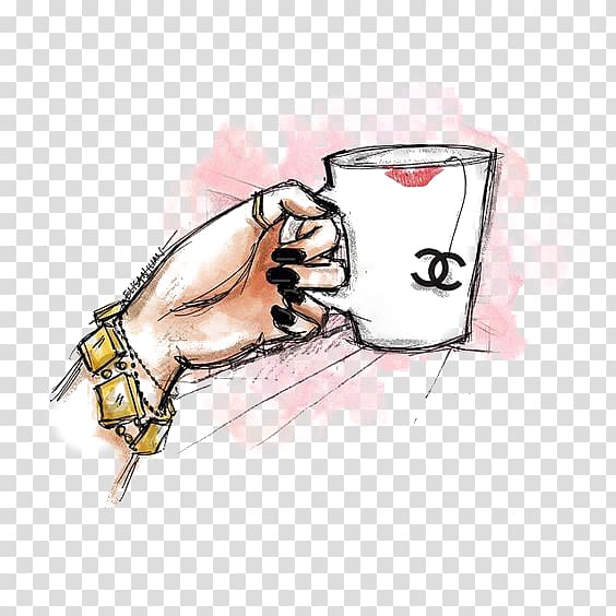 person holding mug illustration, Chanel Drawing Illustration, Chanel Cup transparent background PNG clipart