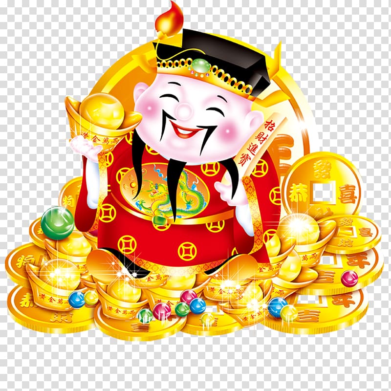 lucky charm , Chinese New Year Red envelope Caishen, Ingot wealth god transparent background PNG clipart
