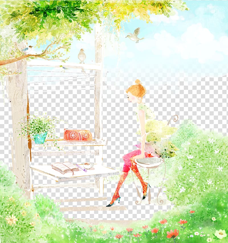 Young Woman Sewing in a Garden Watercolor painting Fukei Landscape painting Illustration, Free time transparent background PNG clipart