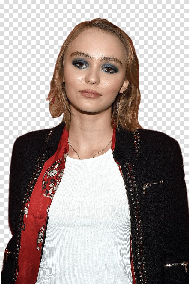 woman wearing black and red jacket and white crew-neck top, Lily Rose Depp transparent background PNG clipart