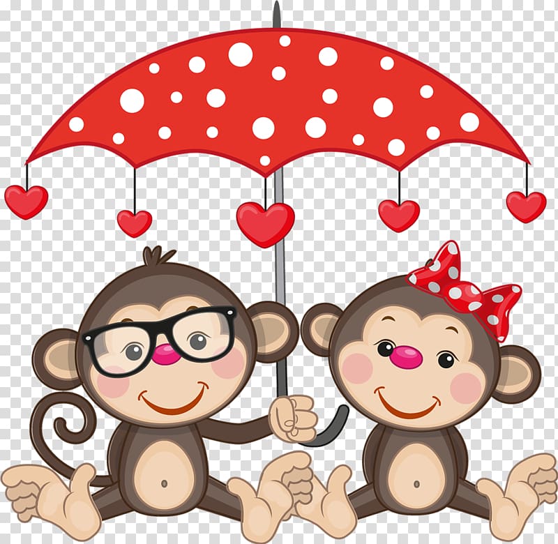 Cartoon Drawing couple, Umbrella monkey transparent background PNG clipart