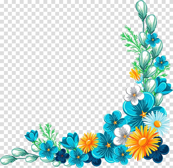 blue and orange flowers border, Flower Rose , Blue Fancy Flower Border Texture transparent background PNG clipart