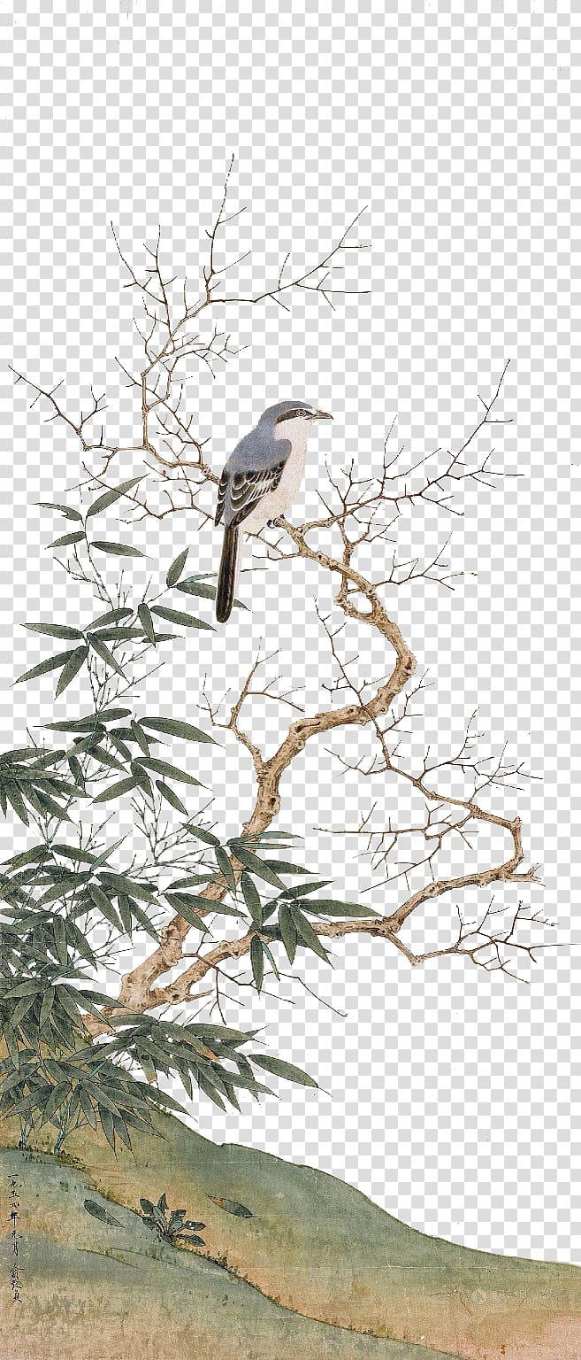 China Chinese painting, Chinese birds on the branches of Chinese culture, gray and white bird perched on withered tree illustration transparent background PNG clipart