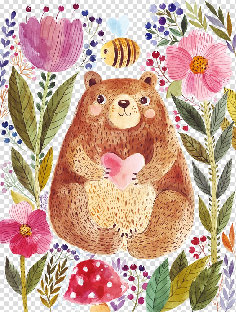 bear surrounded by plants illustration, Watercolor painting illustration Illustration, animals transparent background PNG clipart