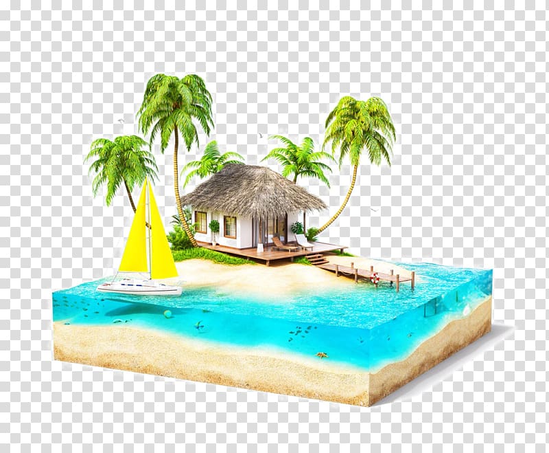 white house near tree illustration, Bora Bora Island Vacation Travel Hotel, Exquisite three-dimensional island transparent background PNG clipart