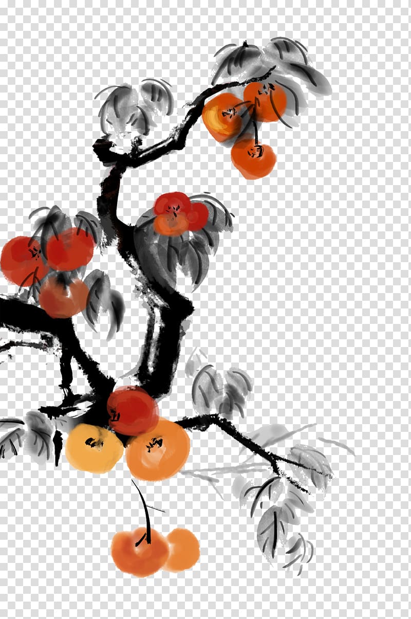 gray leaves illustration, Chinese painting Ink wash painting Illustration, Persimmon Chinese painting transparent background PNG clipart