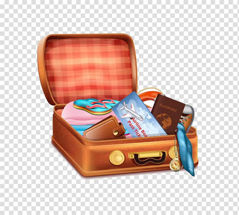 Suitcase , Travel goods boxes filled with illustrations transparent background PNG clipart
