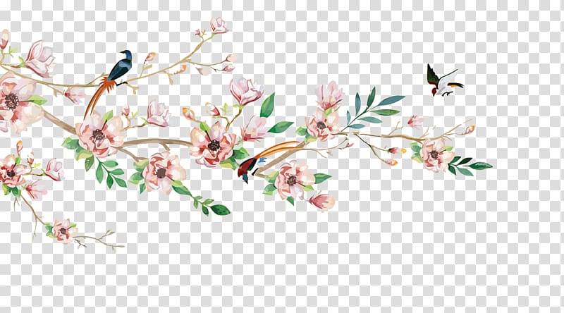Euclidean Flower Watercolor painting Illustration, flowers and birds transparent background PNG clipart
