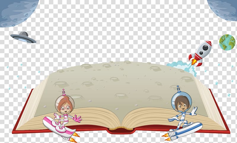 Drawing Illustration, astronaut and rocket on the books transparent background PNG clipart