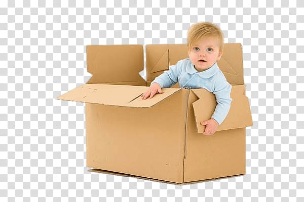 kid inside brown cardboard box , Child In Cardboard Box transparent background PNG clipart
