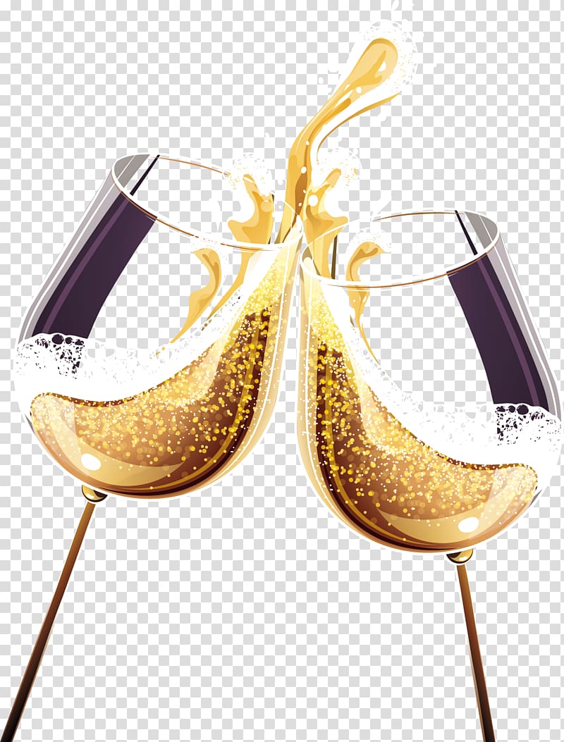 two champagne glasses, Champagne Wine glass Alcoholic drink, Gold champagne transparent background PNG clipart