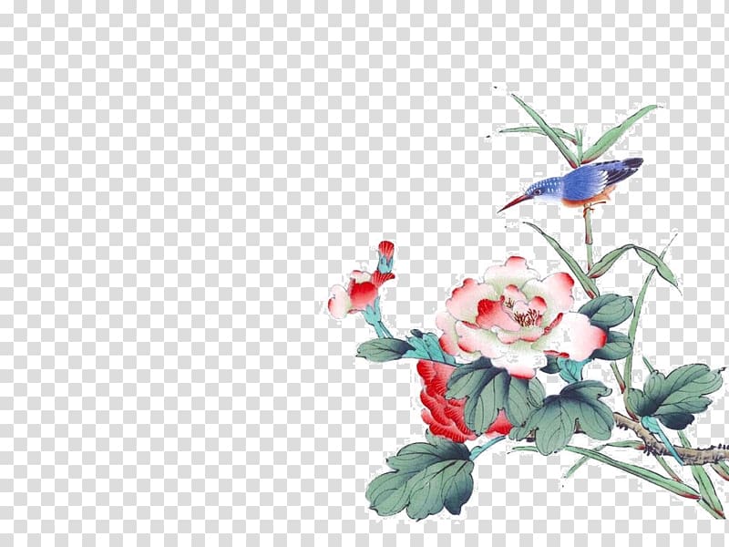 red and white petaled flower illustration, Chinese painting Bird-and-flower painting Watercolor painting , Chinese painting rose transparent background PNG clipart