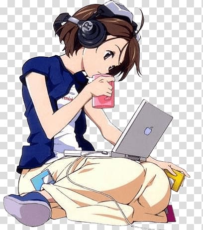 woman using MacBook anime character, Cartoon Girl Gaming transparent background PNG clipart