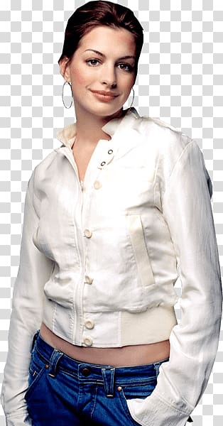 woman in white jacket smiling, Anne Hathaway Jeans transparent background PNG clipart