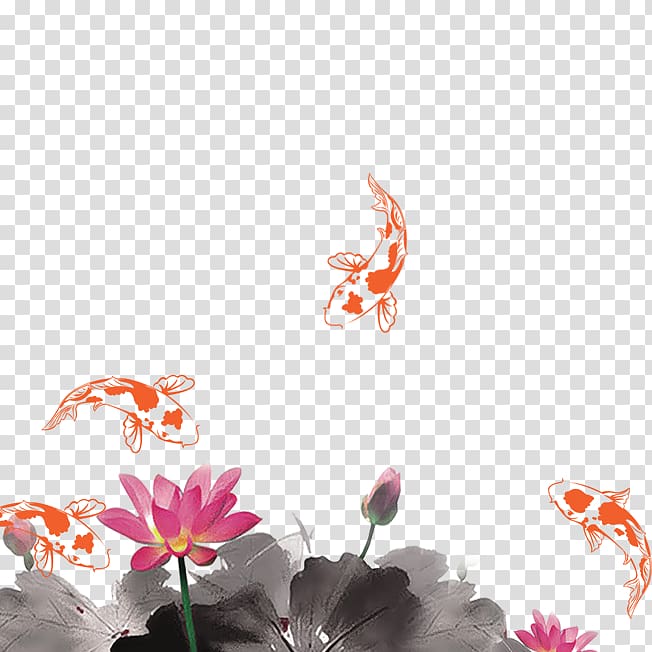 Mid-Autumn Festival Ink wash painting Poster, Ink lotus goldfish transparent background PNG clipart