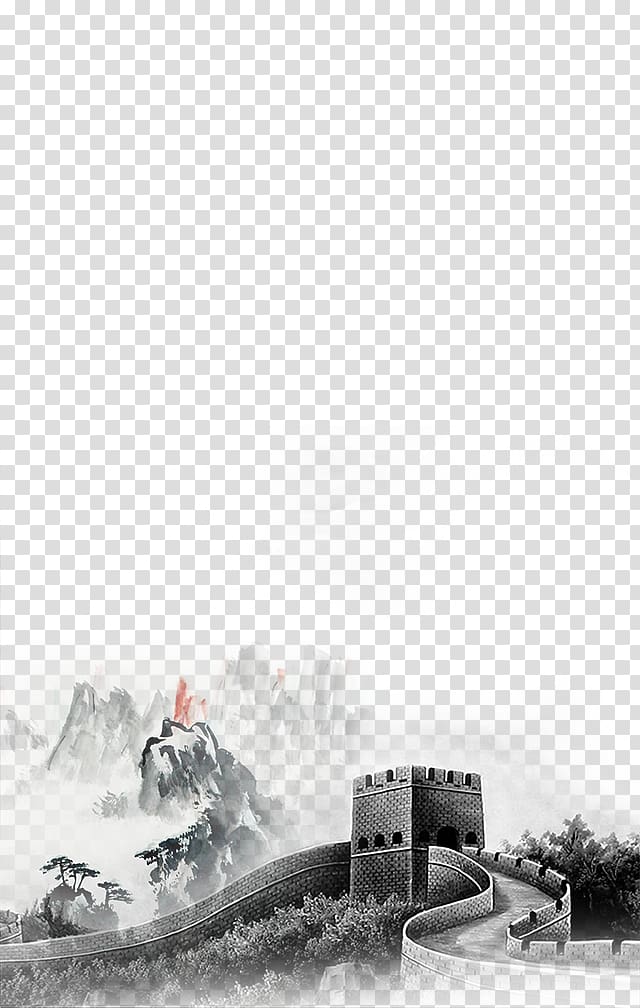 illustration of Great Wall of China, Great Wall of China Ink wash painting Chinese painting, Ink painting mountains and rivers transparent background PNG clipart