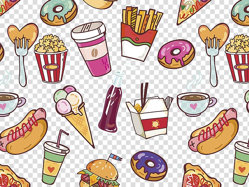 Coffee Cola Doughnut French fries Junk food, Hand-painted Donuts coffee cola fries hot dog fork ice cream collection transparent background PNG clipart