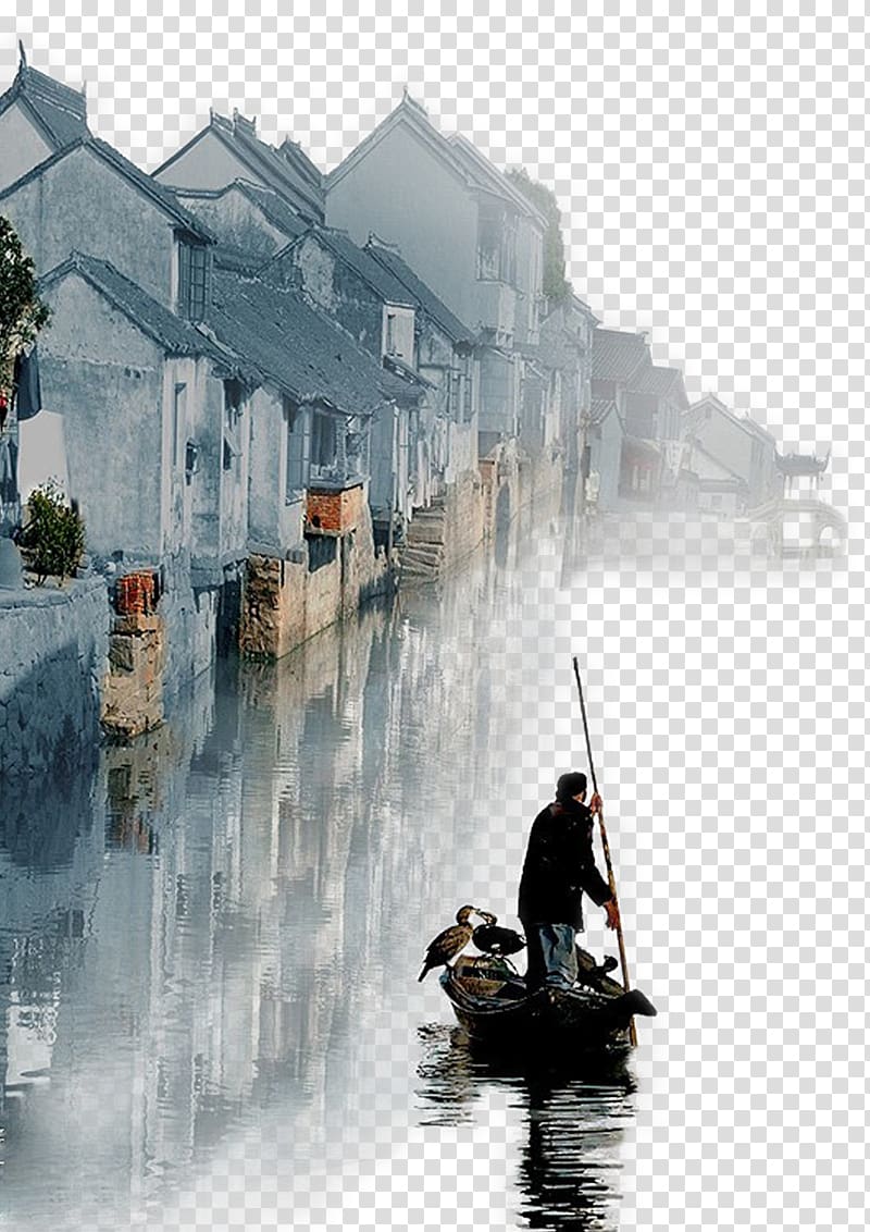 man riding on boat near concrete buildings painting, Lazai Idea Art , Water town transparent background PNG clipart