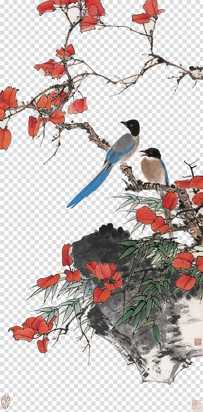 u5de5u7b14u82b1u9e1fu753b Bird-and-flower painting Chinese painting Ink wash painting Gongbi, Birds in the branches transparent background PNG clipart