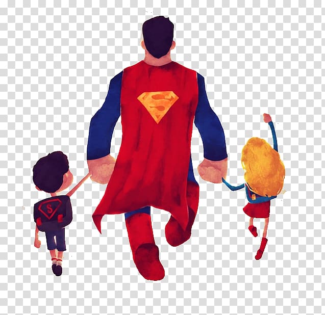 Superman and holding hands of two toddlers art, Superman Superhero Comics Comic book Illustration, Cartoon Superman transparent background PNG clipart