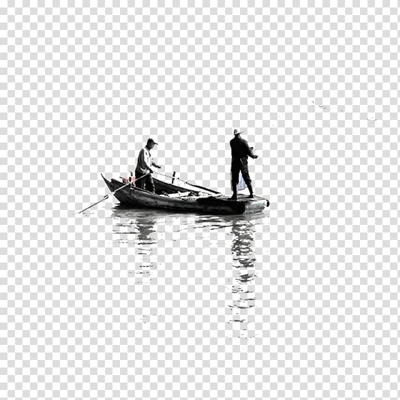 man on canoe, Black and white Water Recreation , Ink fishing boat transparent background PNG clipart