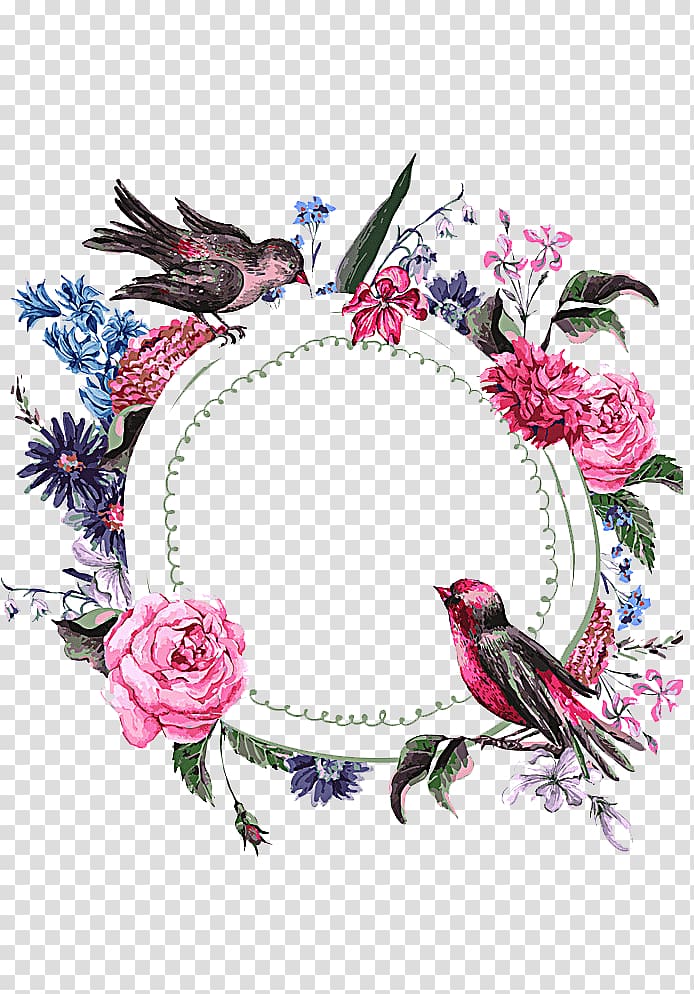 pink flower and bird wreath , Bird Wedding invitation Flower , Creative Hand-painted floral border transparent background PNG clipart