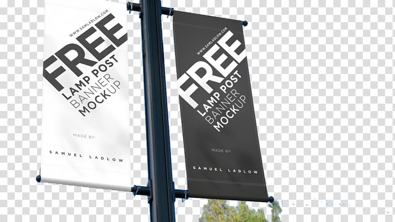 two black and white free lamp post banner in black metal pole, Mockup Banner Advertising Street light, Outdoor advertising flags Road transparent background PNG clipart