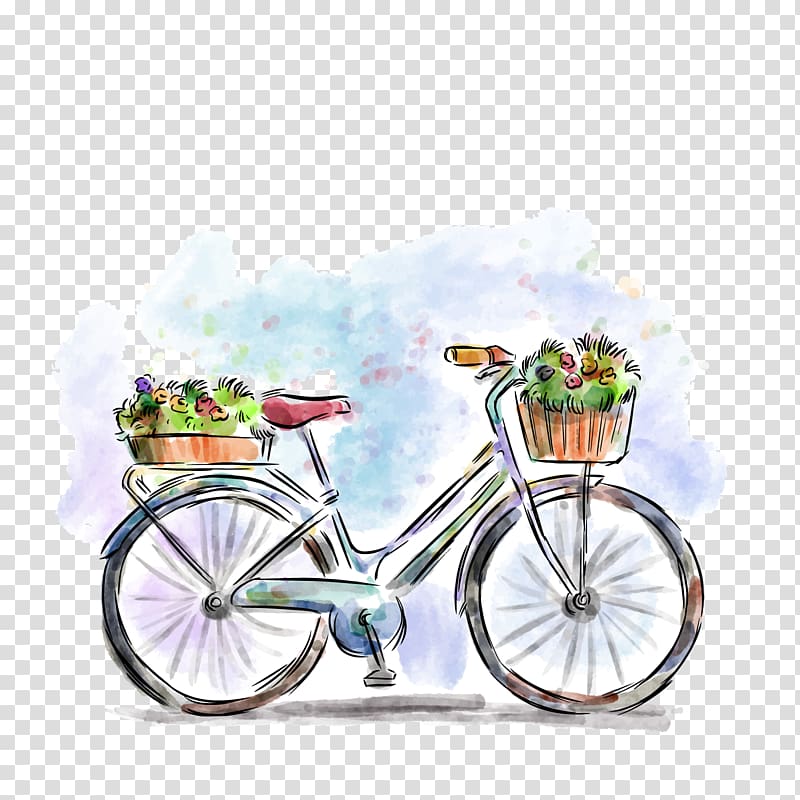 Bicycle Drawing Flower Illustration, spring cycling transparent background PNG clipart