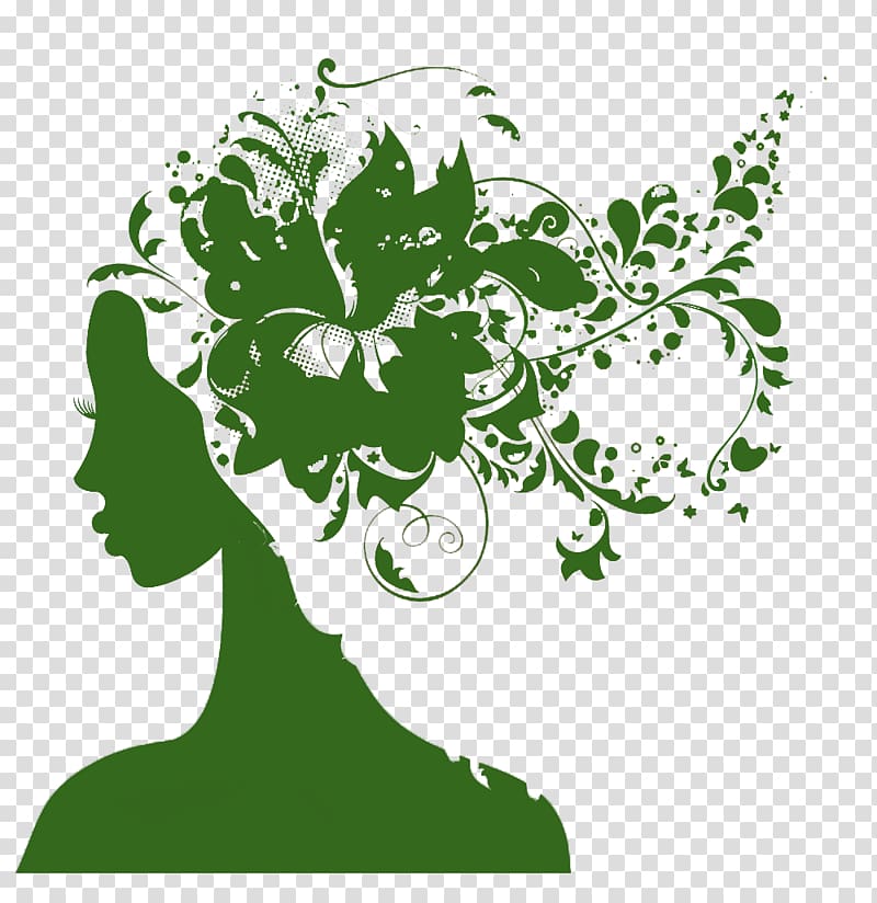 Silhouette Portrait Illustration, Green flower girl in profile silhouette transparent background PNG clipart