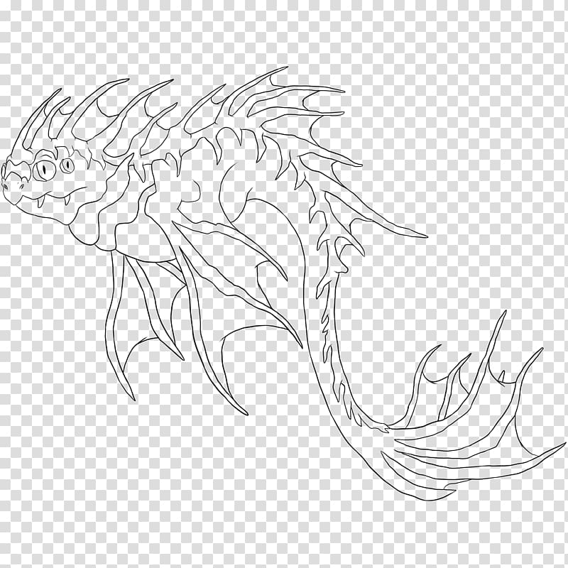 Line art White Sketch, dragon Fish transparent background PNG clipart