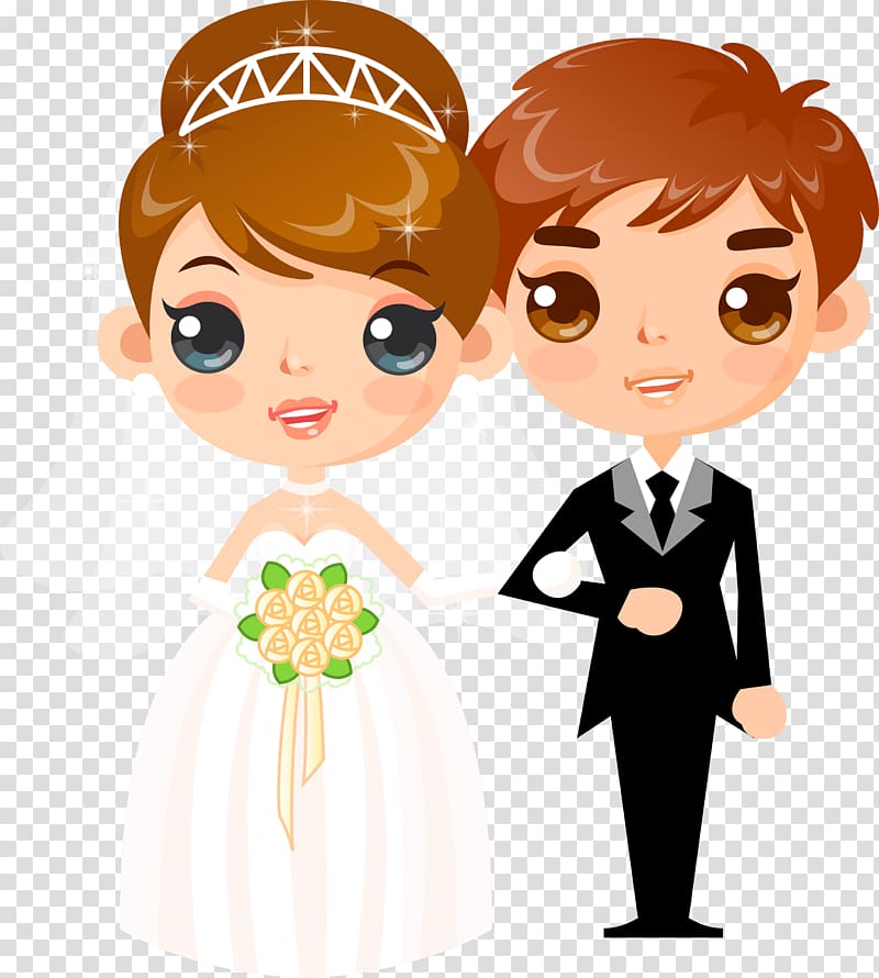 man and woman wearing wedding dress and suit , Wedding Caricature Bride Cartoon , bride transparent background PNG clipart