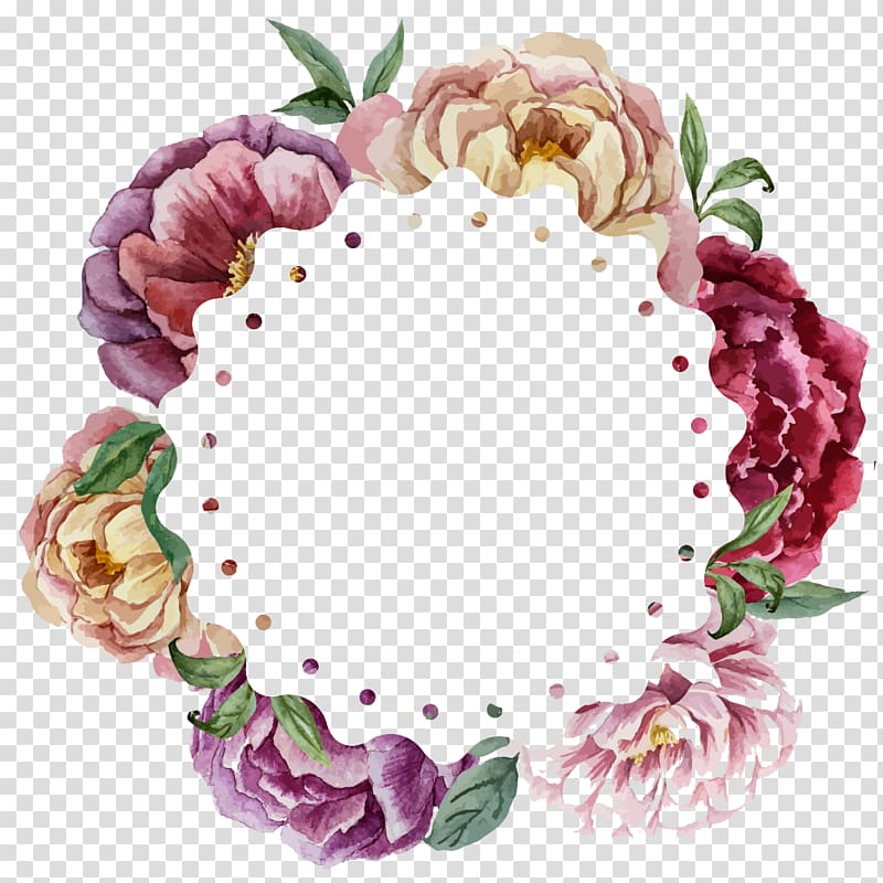 pink and purple rose flowers frame , Watercolor painting Flower Wreath Wedding, Colored ring flowers transparent background PNG clipart