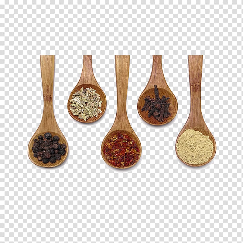 assorted-color herbs on brown wooden spatulas, Spoon Ingredient Condiment, Spoon filled with ingredients transparent background PNG clipart