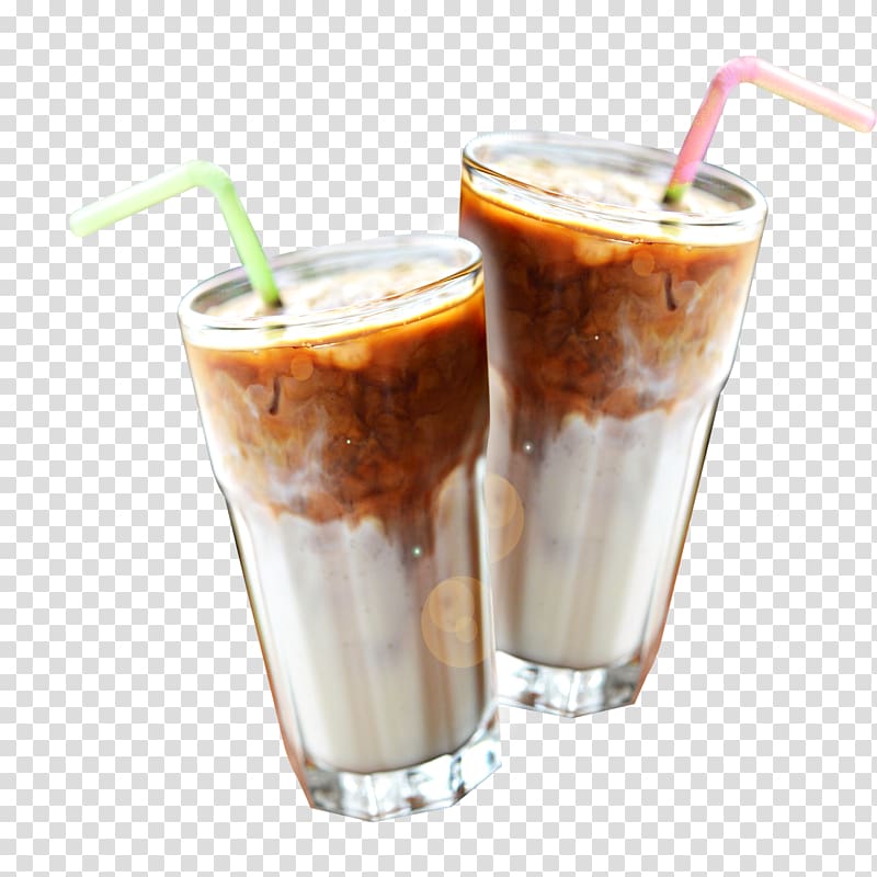 two clear drinking glasses, Milkshake Coffee Hong Kong-style milk tea Smoothie, Frozen milk ad transparent background PNG clipart