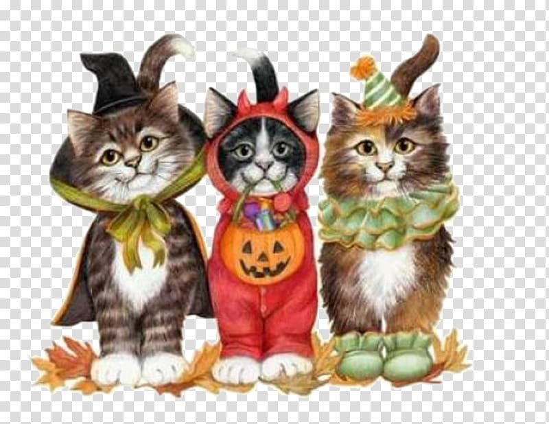 Cat Kitten Trick-or-treating Halloween, Three kittens transparent background PNG clipart