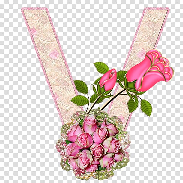 Garden roses Letter V Floral design Alphabet, Buquet transparent background PNG clipart