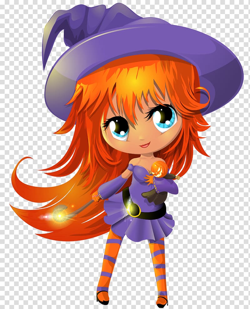 orange haired witch character , Witchcraft Halloween , Cute Witch transparent background PNG clipart