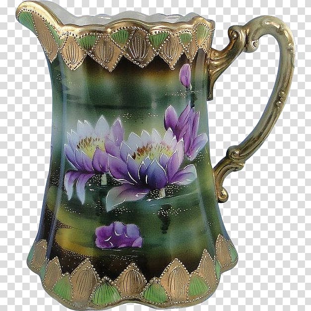 Jug Vase Pottery Ceramic Pitcher, hand painted lotus borders transparent background PNG clipart