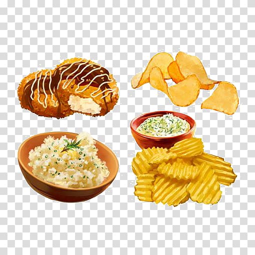 Fried rice Scrambled eggs French fries Cantonese cuisine Potato chip, Hand painted potato chips transparent background PNG clipart
