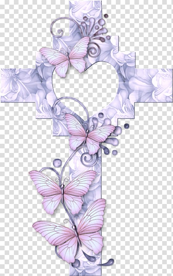 purple and pink floral cross with butterflies , Christian cross Paper , Idyllic rural wind wind element transparent background PNG clipart